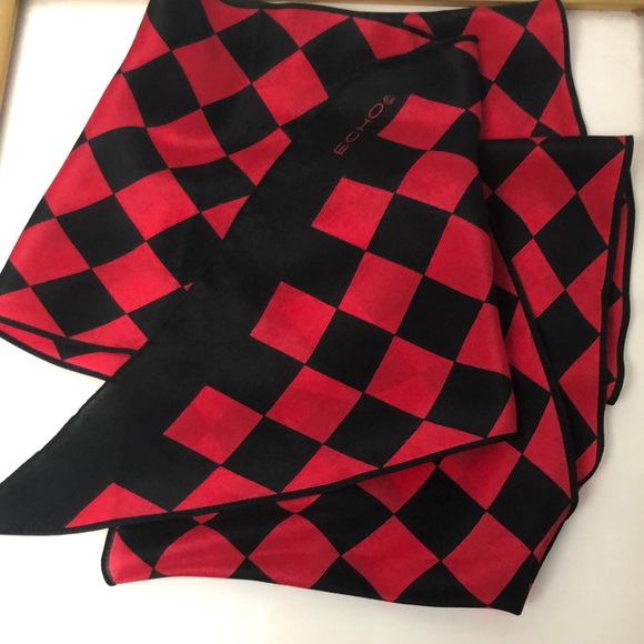 VTG Echo Black Red Pointed Edge  Silk Oblong Scarf - Picture 5 of 12
